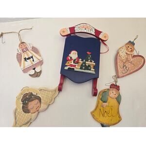 Country Primitive Wooden Ornaments Set of 5 Christmas Angels & Sled ~6"